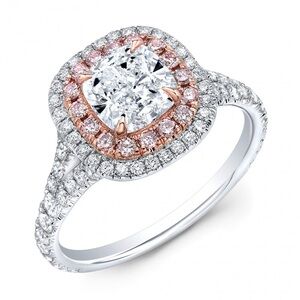 Cushion Cut White Sapphire and Pink Sapphire Sterling Silver Double Halo Ring
